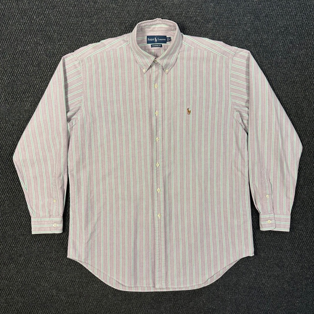 Vintage Polo Ralph Lauren Oxford Shirt Mens L Classic Fit Purple Green Striped - Picture 2 of 13